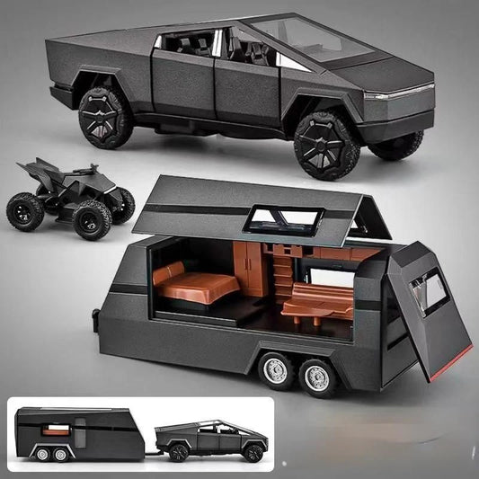 Tesla Cybertruck Pickup 1:24 Diecast Model Car – Metal Collectible with Trailer, Engine Sound & LED Lights